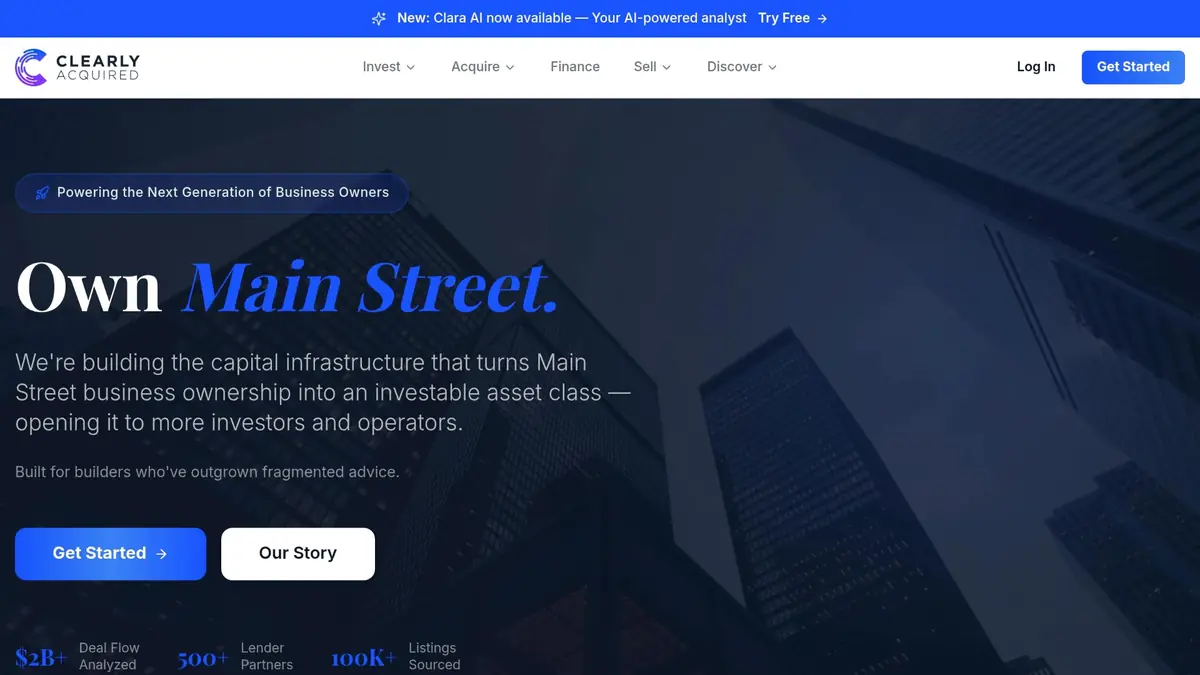 Clearly Acquired platform homepage — capital infrastructure for Main Street business ownership