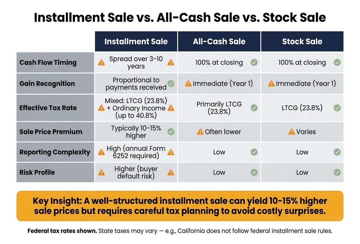 Installment sale vs all-cash vs stock sale tax comparison
