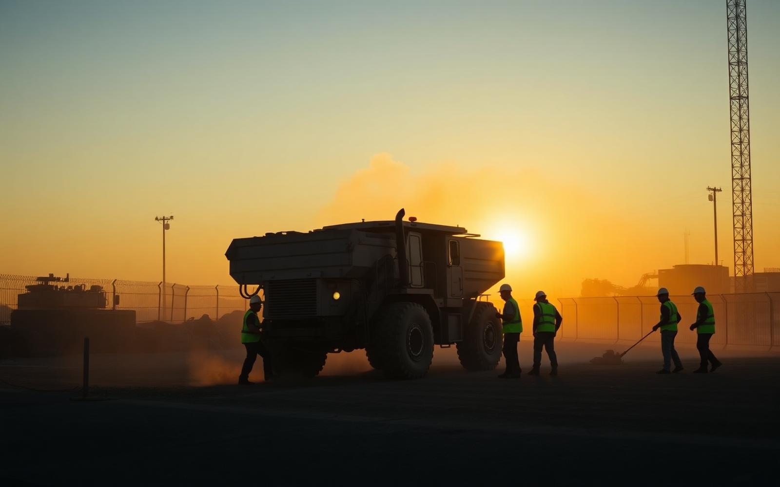 Environmental construction crew and heavy equipment working on a civil job site at sunrise