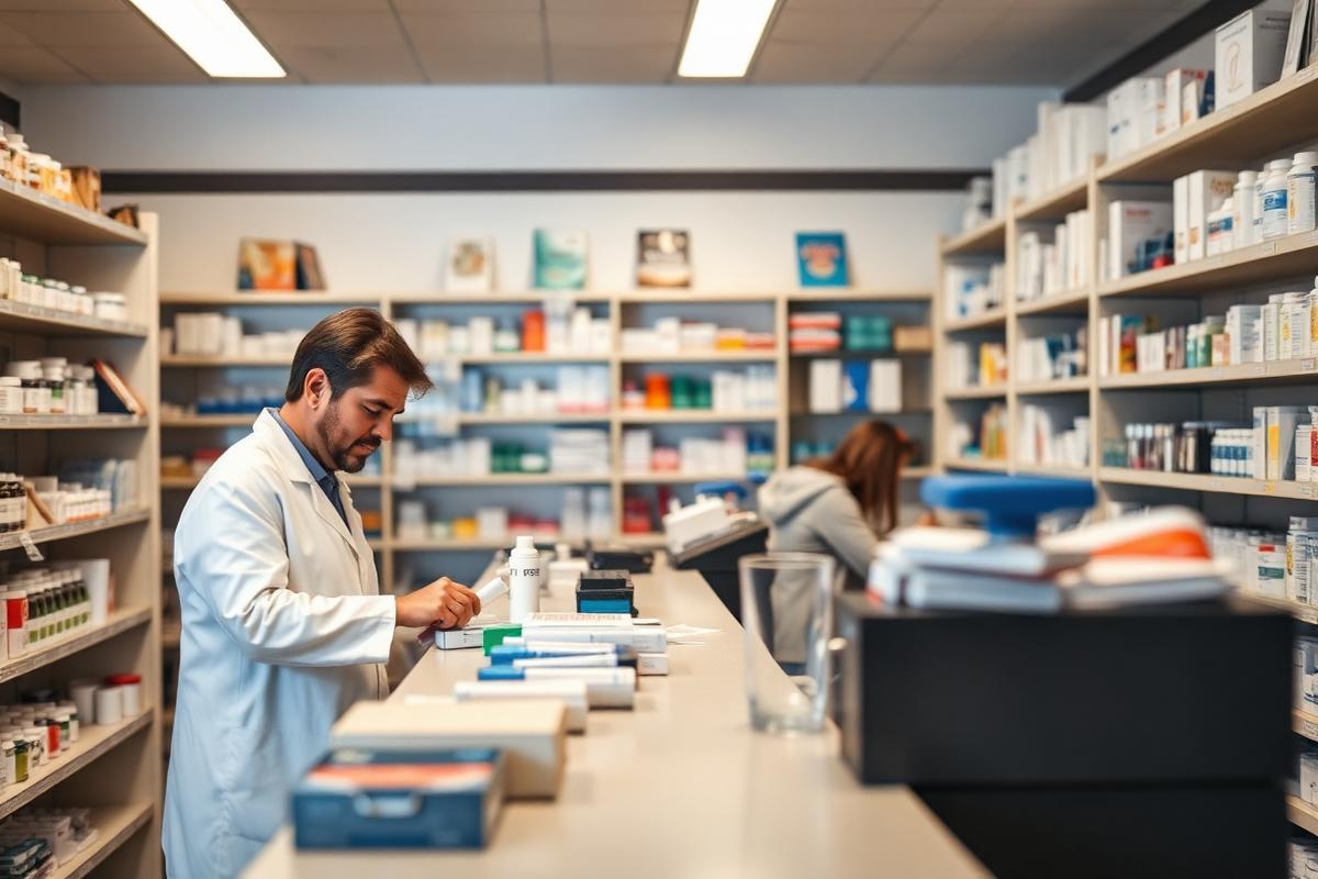 Pharmacist serving a customer at a neighborhood pharmacy counter